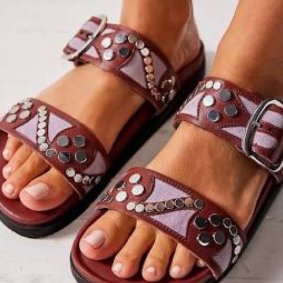Free People Burgundy Sandals with Silver Studs - Picture 1 of 5